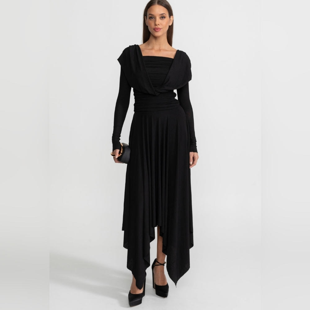 NWT Elegant Black Draped Long-Sleeve Midi Dress